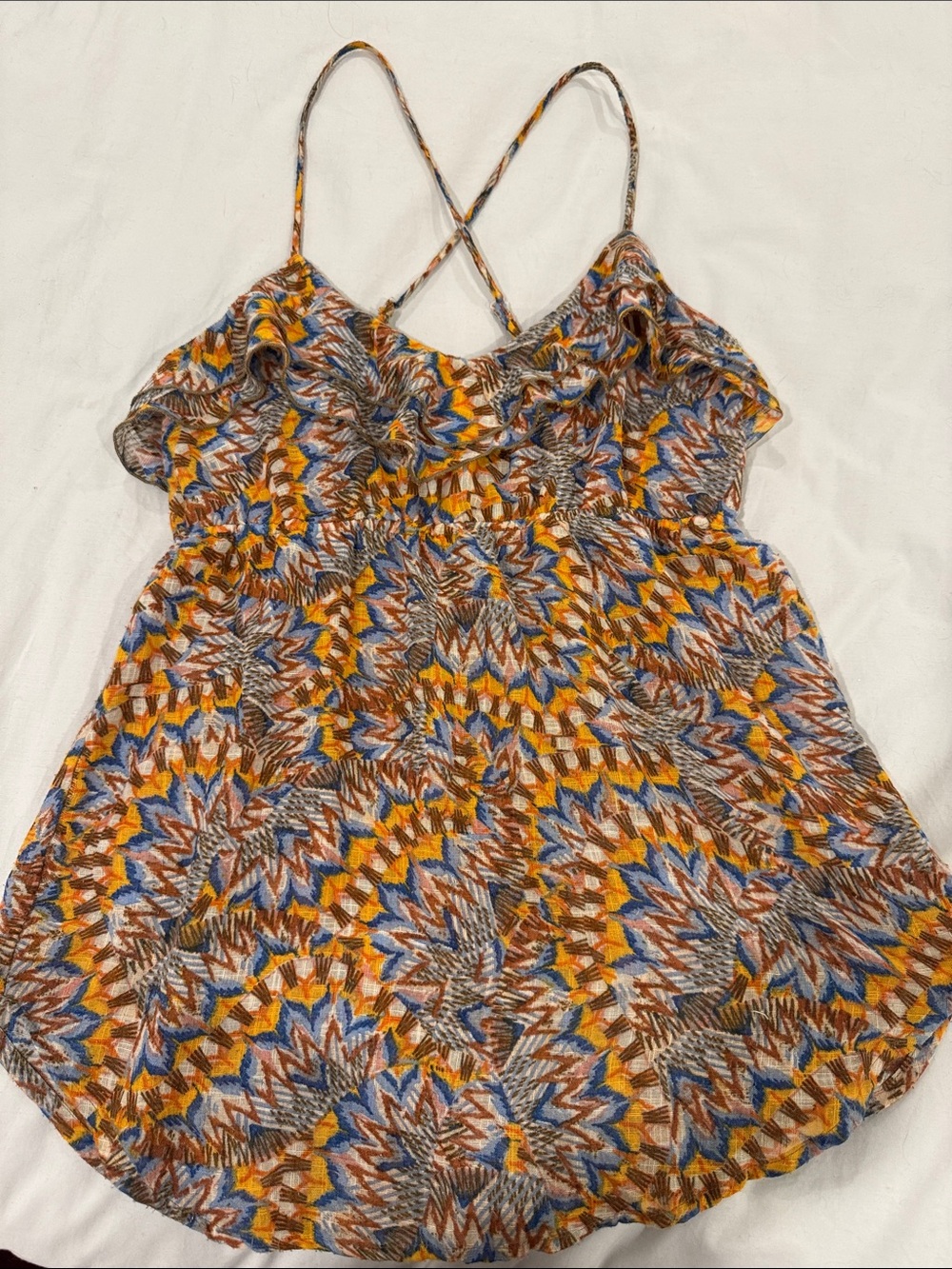Lily White Multicolor Printed Ruffle Cross-back Cami - Blue, Yellow, Brown